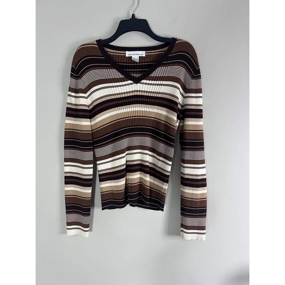 Jones New York Sport Brown Striped Ribbed V-Neck Cotton Sweater Large